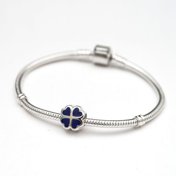 1pc Solid 925 Sterling Silver 4 Blue Heart-Petal Flower Bead Charm, Compatible with Pandora All Other Charm Bracelet, EC63