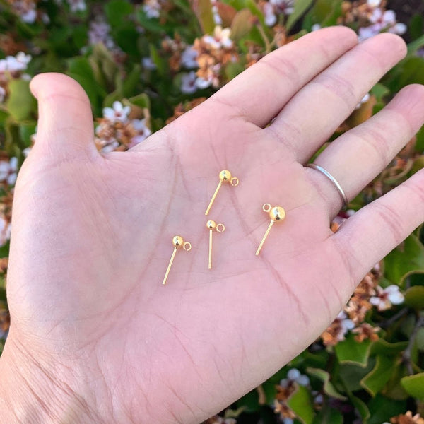 5 Pairs 925 Sterling Silver Ball Earring Posts, Real 18K Yellow Gold Plated, Open Ring, 10pcs Earring Backs, Ball Size Selections: 3mm/4mm/5mm