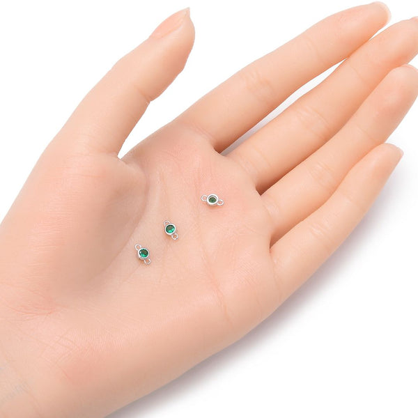2pcs 925 Sterling Silver 4mm Tiny May Birthstone Links, Tarnish Resistant, Emerald Green Cubic Zirconia Gemstone Connector, SXP6-5