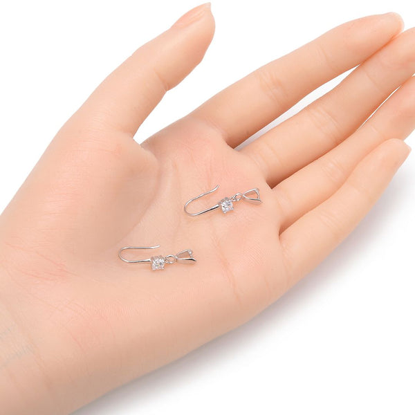 4pcs 925 Sterling Silver Fancy Earring Hooks, Pinch Bail, 4mm Cubic Zirconia CZ, Tarnish Resistant Rhodium Plated, 25mm, SS445