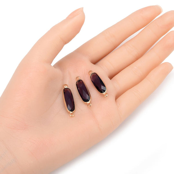 10pcs Grade A February Amethyst Purple Rectangle Bar Birthstone Links, 18K Yellow Gold Plated Brass, 21x7mm, CCP9-G2