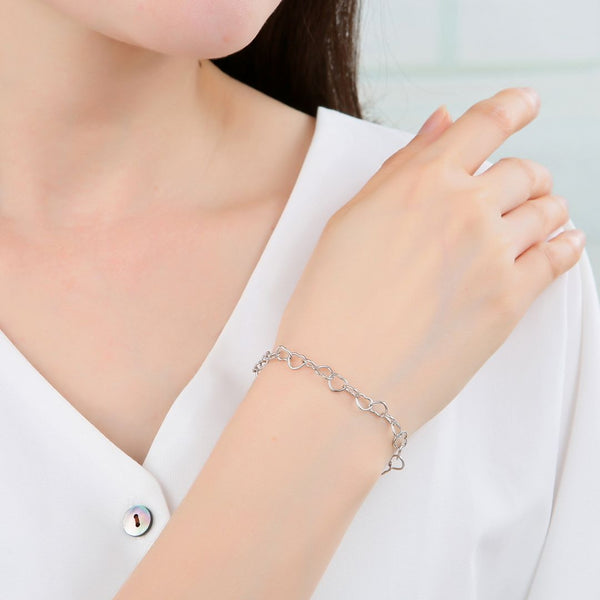1pc 925 Sterling Silver 6.6mm Heart Link Chain Bracelet, Tarnish Resistant White Gold Plated, Length Selections: 7 inch/7.5 inch/8 inch