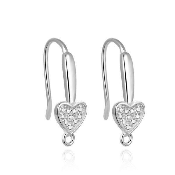 4pcs 925 Sterling Silver Fancy Heart Pattern Earring Hooks, 10 Cubic Zirconia CZ, Tarnish Resistant Rhodium Plated, 18mm, SS448