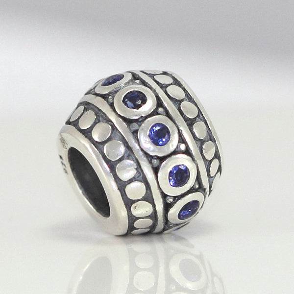 1pc 925 Sterling Silver Round September Birthstone Bead Charm, Blue Sapphire Cubic Zirconia CZ, 10x8mm, Hole ID 4.5mm, EC1-F9