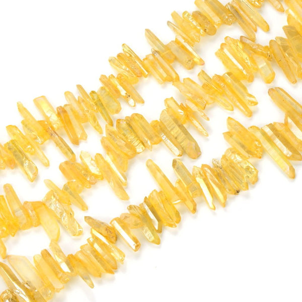 1 Strand Natural Raw Crystal Quartz Gemstone Beads, Small Drilled Stone Points, Topaz Yellow AB Titanium Coated Stone Stick, 15 Inch, GA11