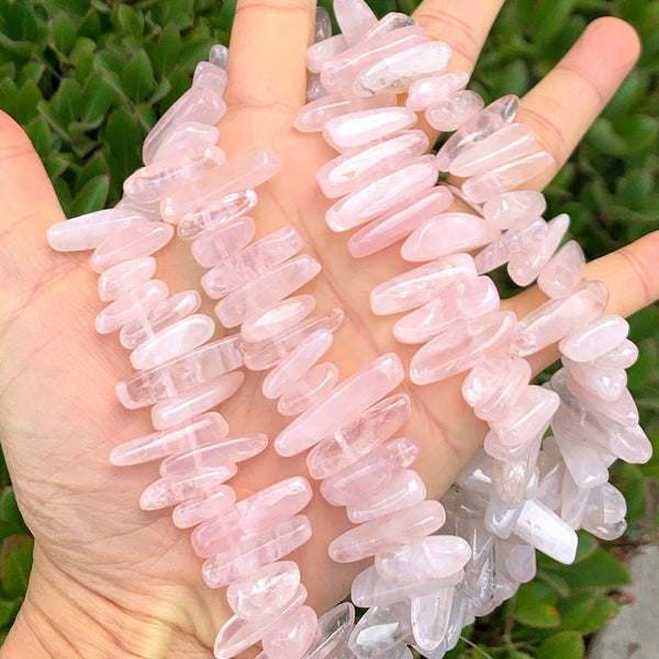 Natural Rose Quartz Pink Crystal Gemstone Stick Point Beads, Irregular, 7mm-23mm Long, Hole ID 1mm 1 Strand/15 Inch, GZ5-10