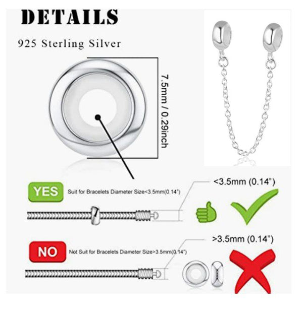 1pc 925 Sterling Silver Safety Chain Lock Clip Rubber Charm Holder Bead Stoppers, Compatible with Pandora All Other 3mm Charm Bracelet, EC28-B3