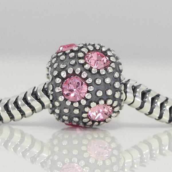 1pc 925 Sterling Silver October Birthstone Bead Charm, Pink Tourmaline Cubic Zirconia CZ, 10.3x9mm, Hole ID 4.5mm, EC1-M10