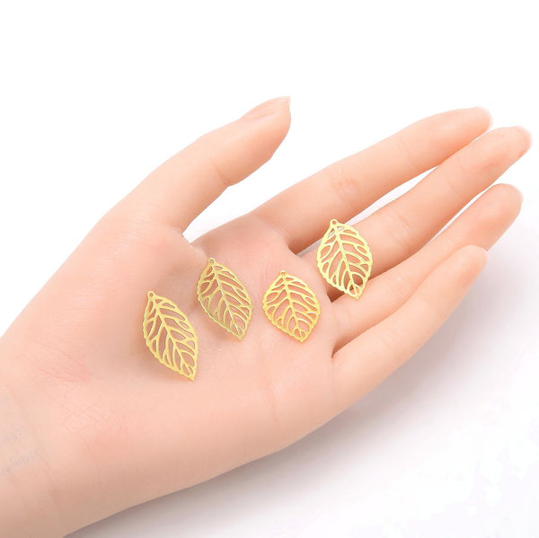 10pcs 27mm Filigree Leaf Drop Pendants, Tarnish Resistant, 18K Yellow Gold Plated Brushed Brass, BF-B1