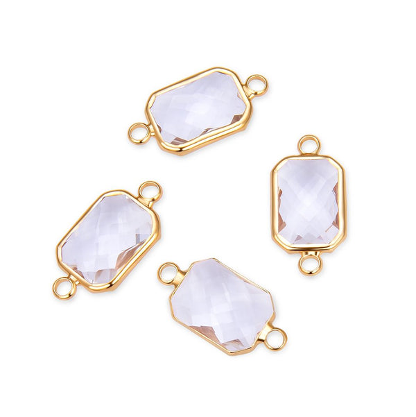 10pcs Grade A April Diamond Clear Birthstone Rectangle Radiant Cut Links, 18K Yellow Gold Plated Brass, 14mm, CCP12-G4