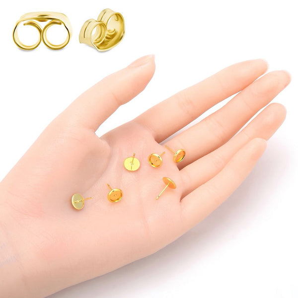 20pcs Tarnish Resistant Bezel Tray Earring Posts, 18K Yellow Gold Plated Brass, Bezel Inner Diameter Selections: 6mm/8mm/10mm/12mm