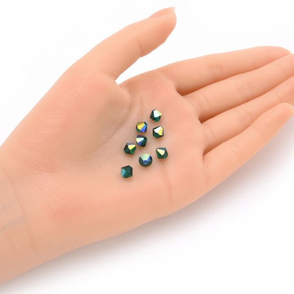 50pcs Preciosa Faceted Bicone Crystal Beads, Emerald AB (Green), 6mm, Hole ID 1mm, Pre-B663