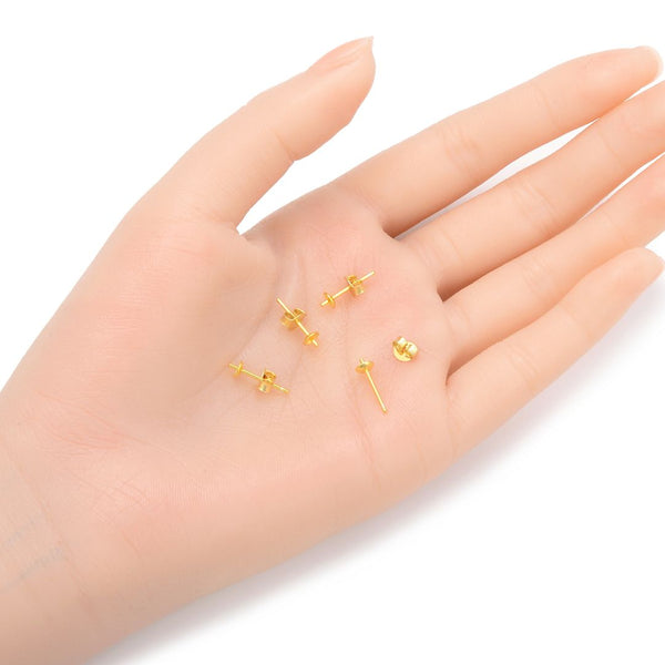 5 Pairs 925 Sterling Silver Earring Posts, Real 18K Yellow Gold Plated, Glue In Pearl Cup, 0.9mm/19 Gauge Pin, 10pcs Earring Backs, Cup Size Selections:3/4/6/8mm