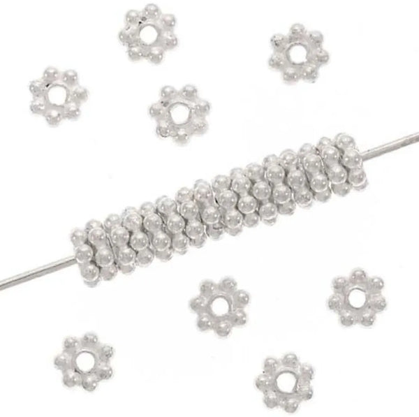 200pcs Small Thin Daisy Flower Flat Rondelle Beads, Sterling Silver Plated Brass 4.5x0.8mm, Hole ID 1mm, CF110-S