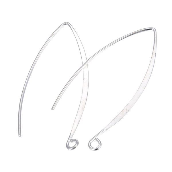 50pcs Flat Marquise Earring Hooks, Sterling Silver Plated Brass, 45mm Long, Wire Gauge Selections: 0.7mm/21 Gauge or 0.9mm/19 Gauge