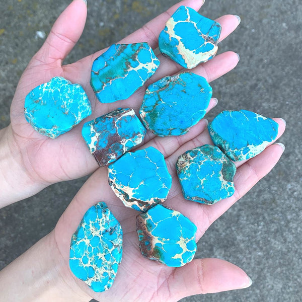5pcs Natural Grade A Turquoise Blue Impression Aqua Terra Jasper Beads, Large Flat Slab Gemstone Beads, Smooth Free Form, 15-45mm, Hole ID 1mm, GX7