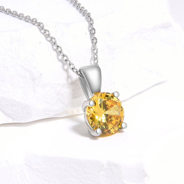 925 Sterling Silver November Birthstone Solitaire Necklace, 6mm/0.84 Carat Yellow Topaz Cubic Zirconia CZ, Length Selections: 16 inch/18 inch