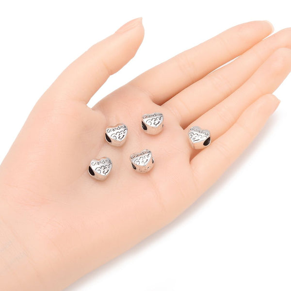 20pcs Best Grandma Love Heart Large Hole Beads, Hole ID 4.5mm, Antique Silver, Zinc Alloy Metal, MEC-B6