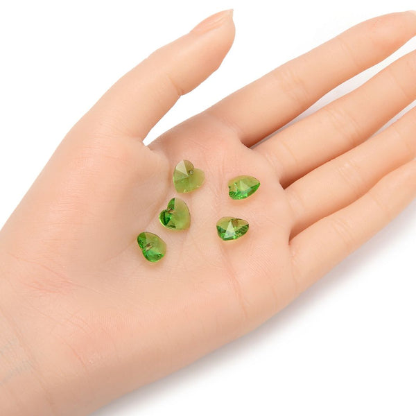 20pcs Top Drilled Valentine Heart Drop Crystal Beads, August Peridot Green Birthstone Beads, 10mm, Hole ID 1mm, BB15-8