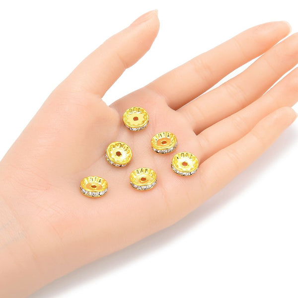 100pcs AAA Grade Rhinestone Rondelle Beads, 18K Yellow Gold Plated Brass, Clear Crystal Rhinestone, Color Selections: 4mm/5mm/6mm/8mm/10mm/12mm
