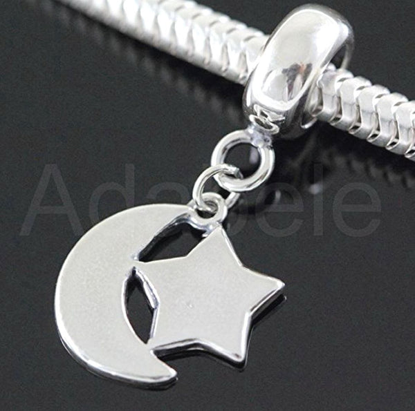 1pc Real 925 Sterling Silver Moon Star Dangle Charm Pendant, Compatible with Pandora All Other Charm Pendant Bracelet, EC8-D2
