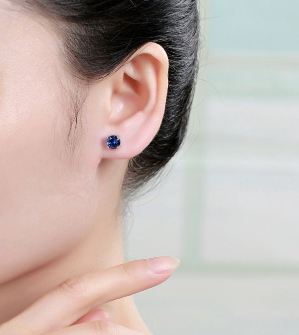 1 Pair 925 Sterling Silver September Birthstone Round Cut Stud Earrings, 6mm/0.84 Carat Cubic Zirconia CZ Blue Sapphire Stone, SSE48-9