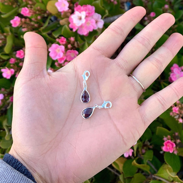 2pcs Clip On Dangle February Purple Birthstone Charm Drops, Tarnish Resistant, Sterling Silver Plated Lobster Clasp, BL7-2