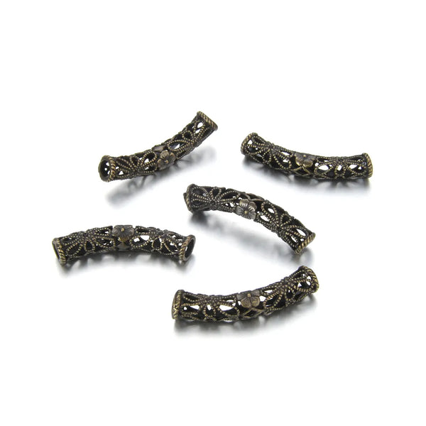 10pcs Large Hole Filigree Flower Curved Noodle Tube Beads, Antique Bronze Plated Brass, 30mm Long, Hole ID 3.5mm, CF51-B