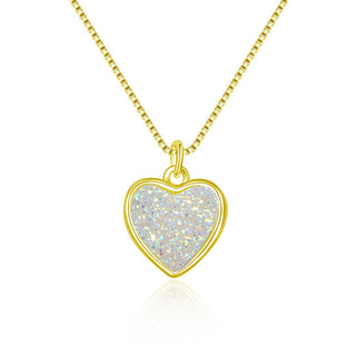 1pc Natural Druzy Crystal Pendant Necklace, Clear AB Love Heart Drop Small Gemstone Pendant, 18 inch Gold Plated Stainless Steel Chain, GGP30-5
