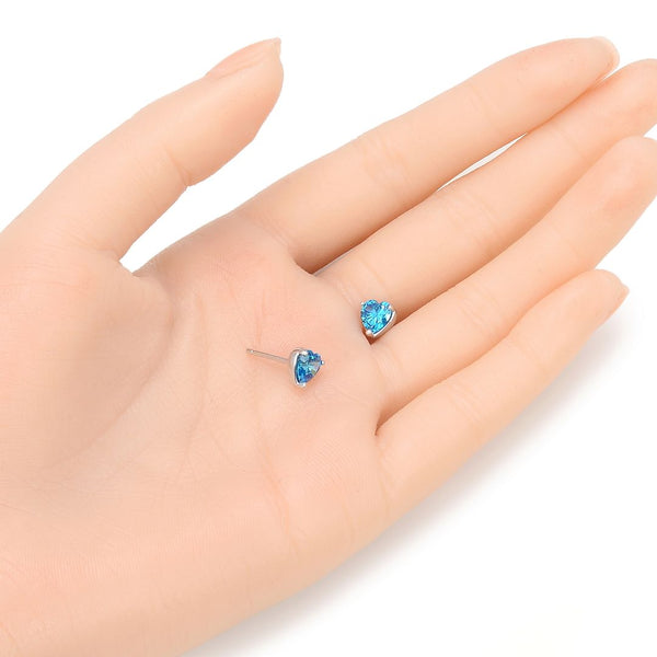 1 Pair 925 Sterling Silver December Love Heart Birthstone Stud Earrings, 6mm/0.84 Carat Cubic Zirconia CZ Blue Zircon Stone, SSE79-12