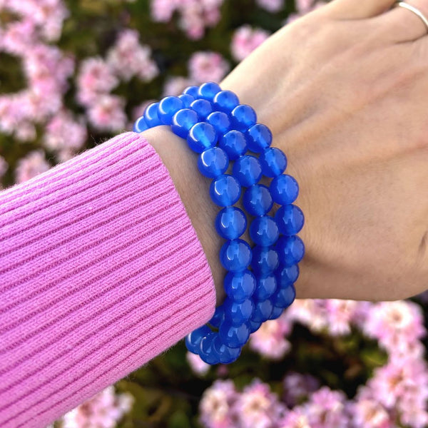 1 Strand Stretch Natural Blue Agate Beaded Gemstone Bracelet, 8mm Bead, Length Selections: 7 inch/7.5 inch/8 inch/8.5 inch