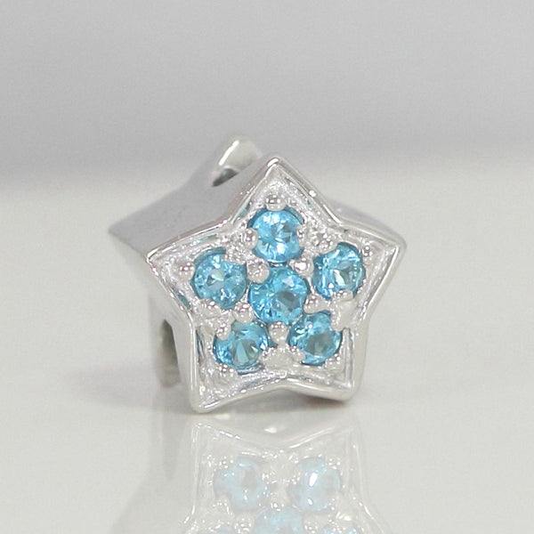 1pc 925 Sterling Silver Star Charm March Birthstone Bead Charm, Blue Aquamarine Cubic Zirconia CZ, 10x9.5mm, Hole ID 4.5mm, EC1-K3