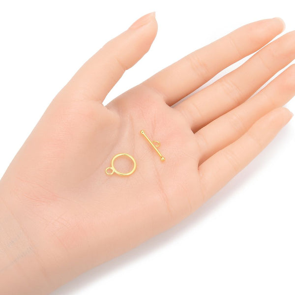 2 Sets 925 Sterling Silver Round Toggle Clasps, Real 18K Yellow Gold Plated, Size Selections: 10mm/12mm/15mm
