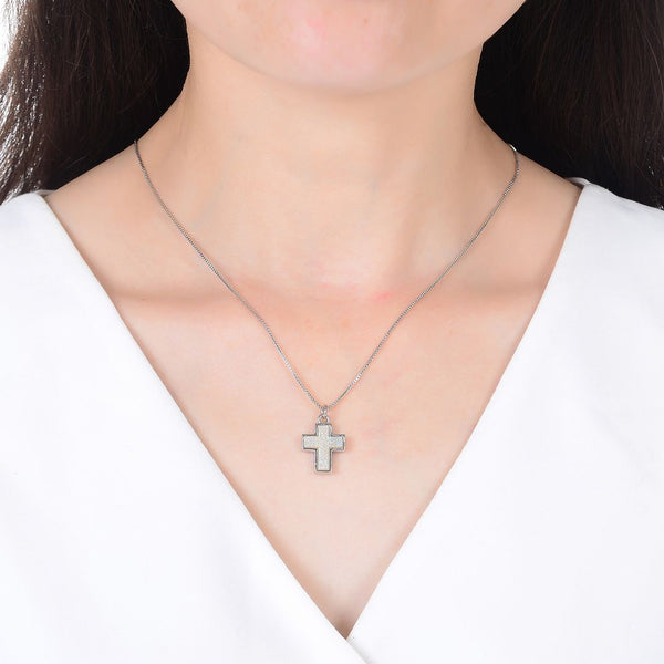 1pc Natural Druzy Crystal Pendant Necklace, Clear AB Cross Drop Small Gemstone Pendant, 18 inch Stainless Steel Surgical Chain, GGP19-5