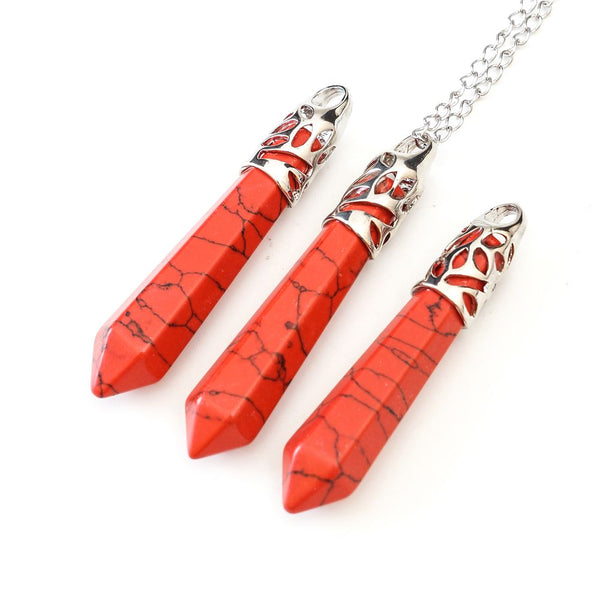 1pc Natural Red Howlite Hexagonal Pile Gemstone Pendant Necklace, 18 Inch Surgical Stainless Steel Chain, GGP-B13