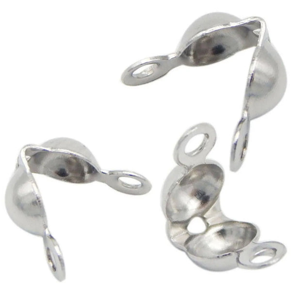 100pcs 4mm 304 Stainless Steel Clamshell Calotte Bead Tips – Double Closed Ring Knot Covers