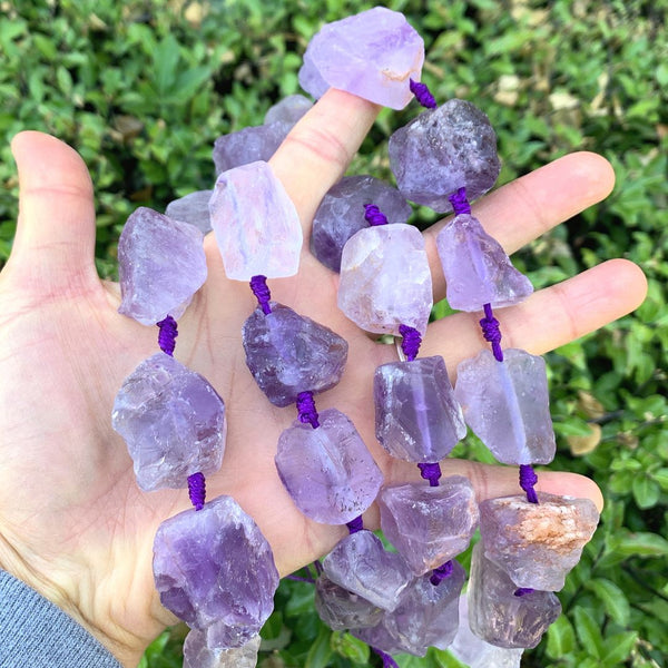 Natural Raw Light Purple Amethyst Crystal Gemstone Beads, Large Drilled Rough Nugget Stone, 15 Inch GA-C2