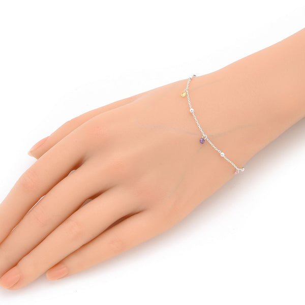 1pc 925 Sterling Silver 2.5mm Bead Station Cable Chain Bracelet with CZ Gemstone Drops, Length Selections: 7 inch/7.5 inch