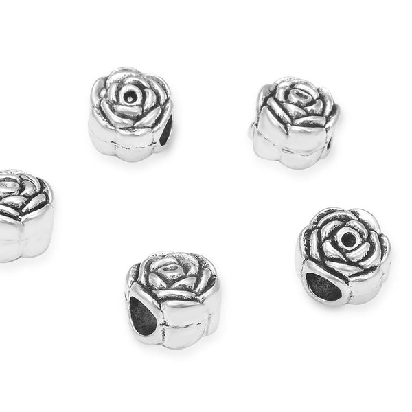 20pcs Rose Flower Large Hole Beads, Hole ID 4.5mm, Antique Silver, Zinc Alloy Metal, MEC-E3