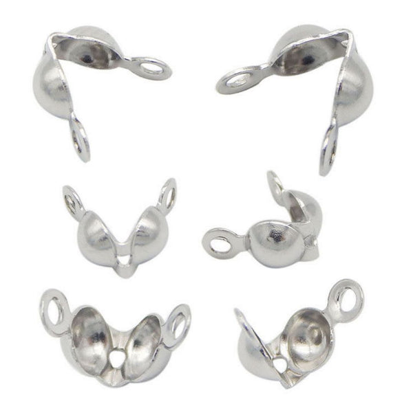 50pcs Tarnish Resistant Clamshell Calotte Bead Tips, Sterling Silver Plated Brass, 2 Closed Rings, 8x4mm, BF48-1