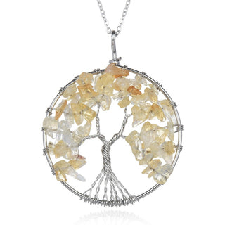 1pc Tree of Life Prosperity Necklace, Natural Yellow Citrine Crystal Gemstone Pendant, 26 inch Surgical Stainless Steel Chain, GGP9-15