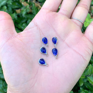 10pcs Grade A September Sapphire Blue Teardrop Birthstone Charm Drop, Sterling Silver Plated Brass, Size Selections: 11x7mm, 14x8mm, 16x9mm