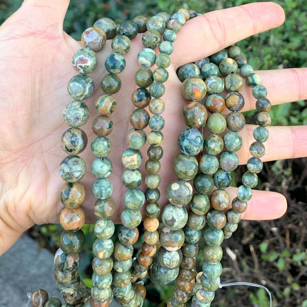 Natural Green Rhyolite Rainforest Jasper Gemstone Round Beads, 1 Strand/15 Inch, Size Selections: 4mm/6mm/8mm/10mm