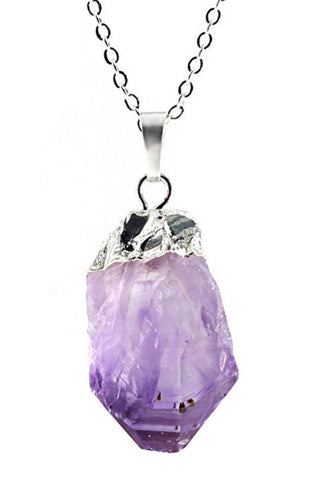 1pc Natural Raw Purple Amethyst Crystal Free Form Gemstone Pendant Necklace, 18 inch Surgical Stainless Steel Chain, GGP12-1