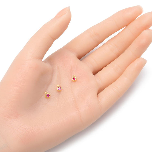 2pcs 925 Sterling Silver 4mm Tiny July Birthstone Charm Drop Pendants, Real 18K Yellow Gold Plated, Ruby Red Cubic Zirconia Gemstone, SXP3-7