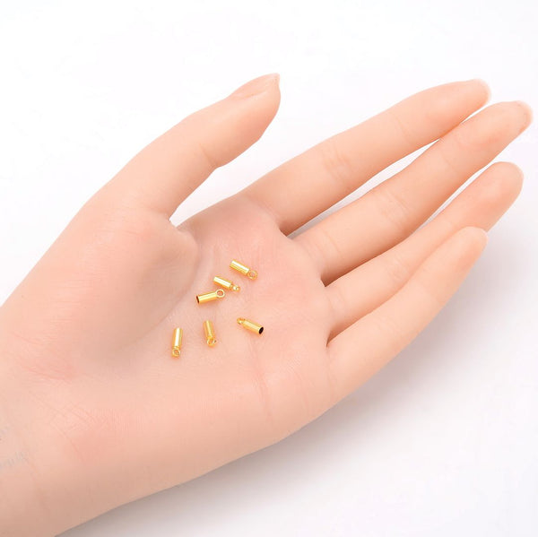 50pcs Tarnish Resistant Glue In Cord End Caps, 18K Yellow Gold Plated Brass, Hole ID Selections: 1mm/1.5mm/2mm/2.5mm/3mm