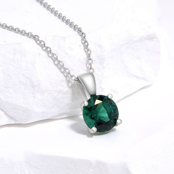 925 Sterling Silver May Birthstone Solitaire Necklace, 6mm/0.84 Carat Green Emerald Cubic Zirconia CZ, Length Selections: 16 inch/18 inch