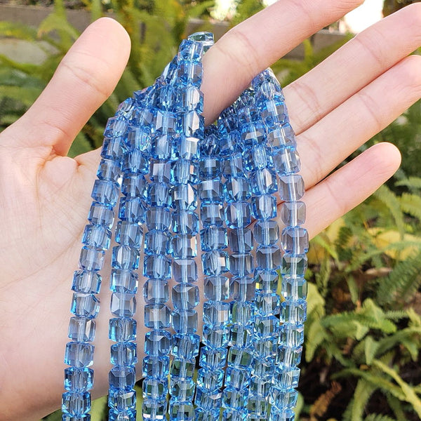 100pcs Creative Club Faceted Cube Crystal Glass Beads, Light Sapphire, 8mm, Hole ID 1mm, CCC814