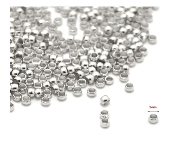 SS28-3 (50pc)50pcs 925 Sterling Silver Small Tiny Round Crimp Beads, Tarnish Resistant Rhodium Plated, 2mm, Hole ID 1.1mm, SS28-1