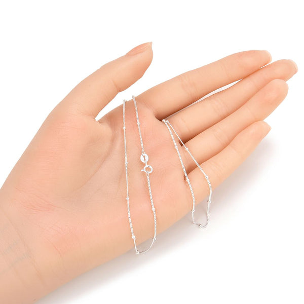 1pc 925 Sterling Silver Bead Station Curb Link Chain Necklace, 1.9mm Beads, Thin Small, Length Selections: 16/18/20/22/24/26/28 Inch